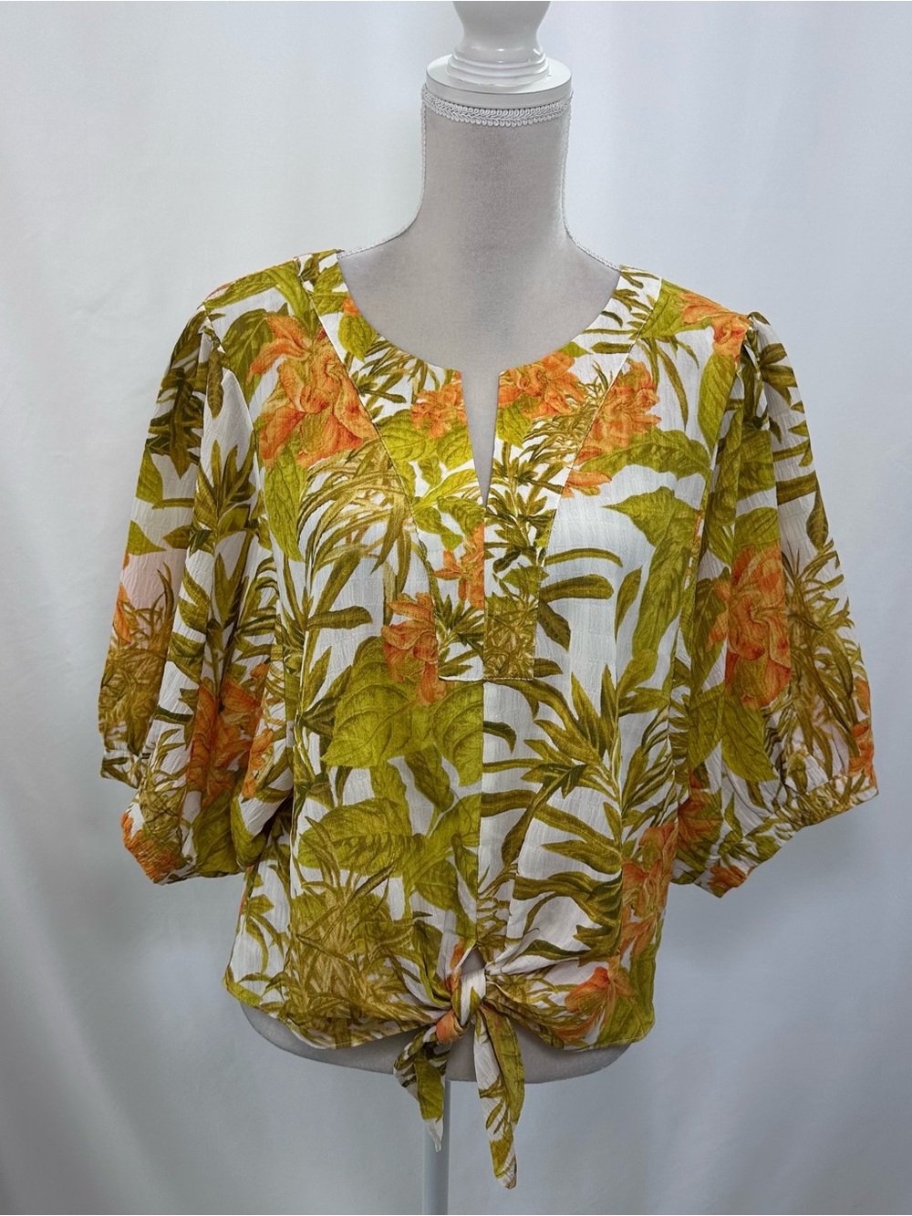 Rose & Olive Tropical Tie-Front Blouse in Green & Orange